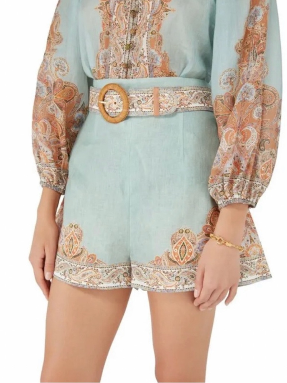 Zimmermann Devi Mint Paisley High-Waist Shorts with Woven Belt - Picture 6 of 8
